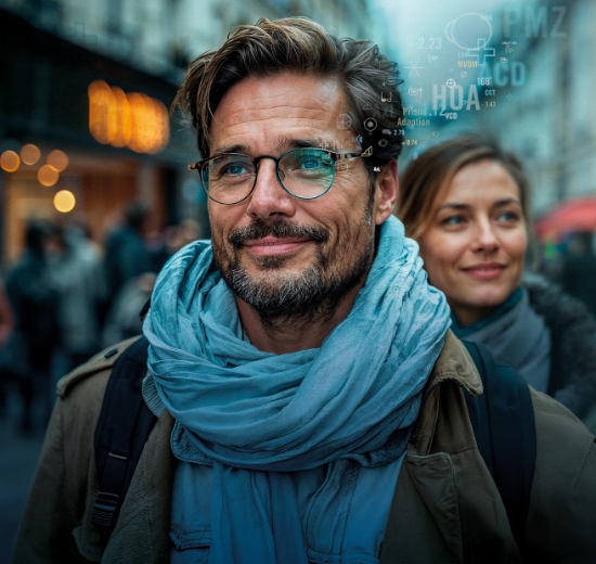 Mann mit Gleitsichtbrille steht auf belebter Straße. Futuristische Grafiken über seinem Kopf deuten die intelligente Brillentechnologie an. 